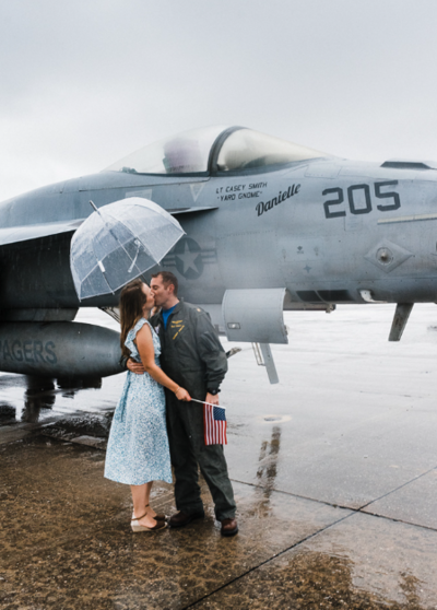 photo of a  couple reuinted in front of a jet plane at a military homecoming in Virignia by Richmond photographer Jacqueline Aimee Portraits