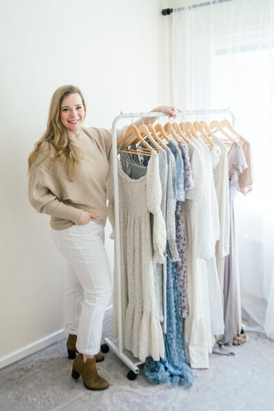 Wardrobe rack filled with dresses in the client closet of Lawton Ok Photographer Courtney Cronin