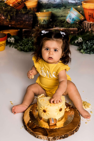 Portrait Photographers CT capture baby girl exploring sunflower decorated cake during sweet as can bee themed cake smash session