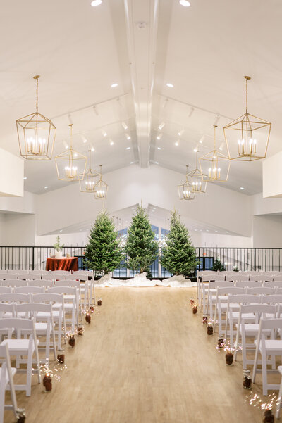 simple holiday decor at indoor wedding ceremony in Wisconsin