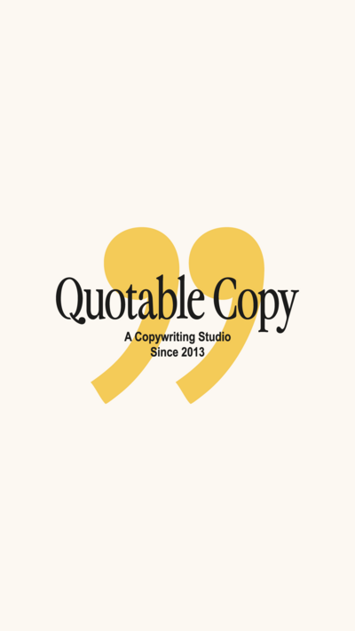 Quotable Copy black logo on top of yellow quotation mark icon on white background