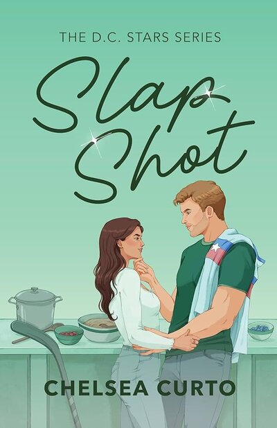 Slap Shot by Chelsea Curto book cover of Illustrated blond man holding the chin of woman with long brown hair on a green background