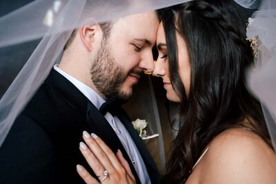 Luxury Wedding Portraits by Moving Mountains Photography in NC - Close up wedding photo of couple under wedding veil