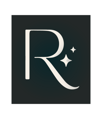 A stylized letter "R" in a serif font appears on a dark background. To the right of the letter, there are two small, white, four-pointed star shapes.