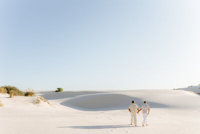 2 gay men holding hands walking away from camera
