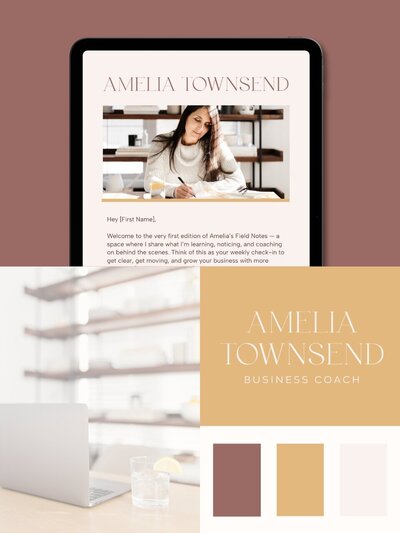 A digital newsletter preview featuring Amelia’s “Field Notes” alongside her logo on Sunbeam Ochre and swatches of Porcelain Blush, Slate Rosewood, and Hibiscus Clay—highlighting brand consistency across digital touchpoints.

