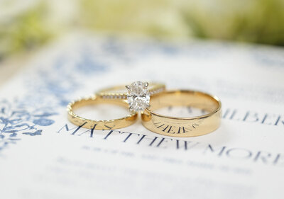 close up of wedding rings sitting on an invitation