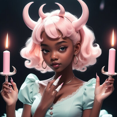 Pink haired girl with sculpted nails holds up candles