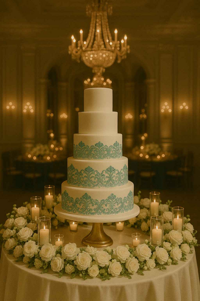 Luxury bespoke wedding cake in creme white with green applications