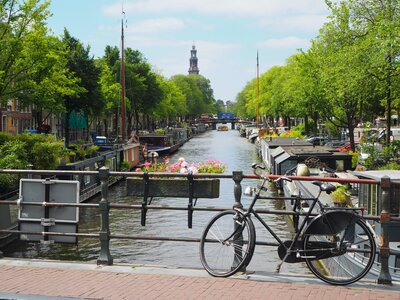Amsterdam canal view with a bicycle parked by a flower basket