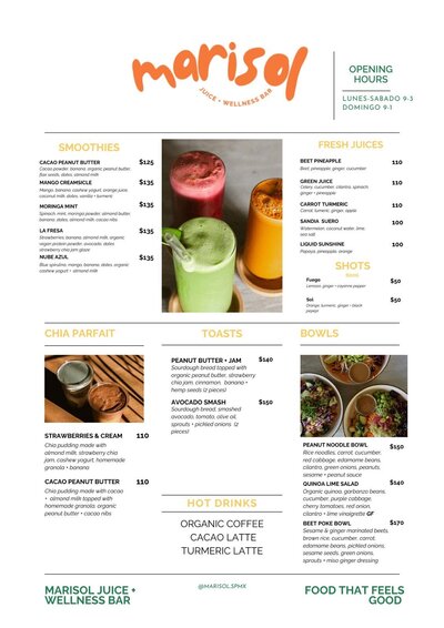 Menu from Marisol Juice & Wellness Bar in San Pancho featuring fresh-pressed juices, superfood smoothies, wellness shots, and nourishing salad bowls made with wholesome ingredients.