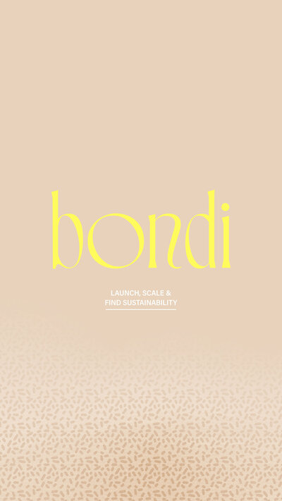 Bondi Marketing yellow logo on a tan textured background with text that says "launch, scale, and find sustainability"
