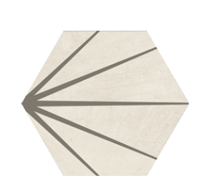 White hexagonal tile with a dark gray starburst pattern.