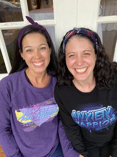 Abby and Margot wearing Anxiety Warriors Podcast sway