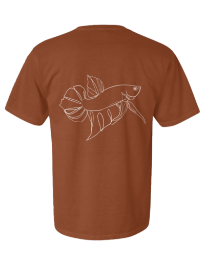 photo of a tee shirt with a minimalistic betta fish design