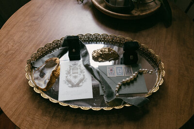 photo of wedding details sitting on glass tray taken by Napa Valley wedding photographer