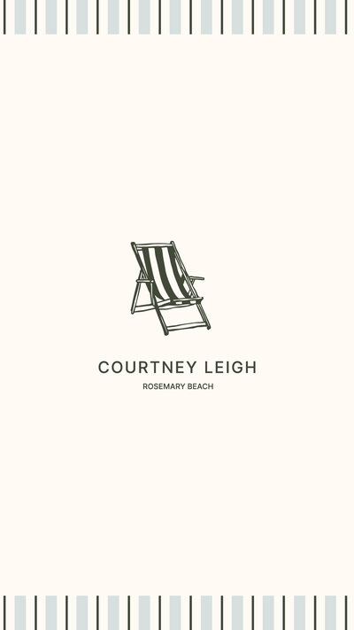 Courtney Leigh icon logo on a cream background with a blue striped border