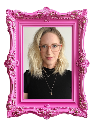 pink frame around front view of Amy