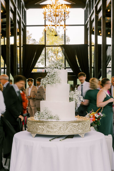 An artful photo of a wedding cake during a reception. The cake is in focus and taken from a low angle. Guest are in the background but blurred from movement to make the shot look like it is frozen in time. 