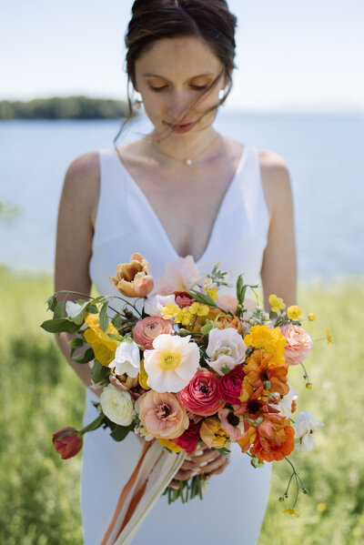 Colorful bridal bouquet for a New England wedding in Shelburne VT