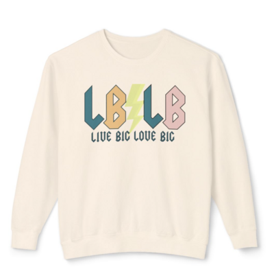 trendy merch for the LIVE BIG Collective, cream colored crew neck that says Live big, Love Big