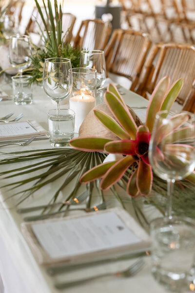 Tropical, luxe table scape at Tree House in Vero Beach, Florida