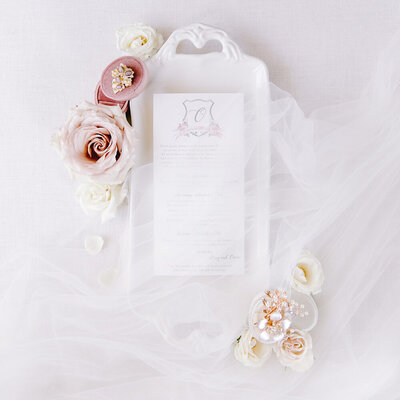 blush wedding menu floral wedding crest monogram