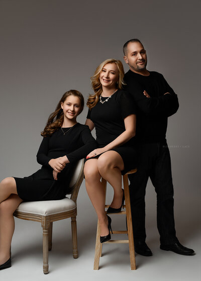 Family of three photos in elegant timeless fashion