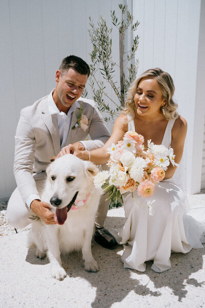 Bride and groom patting their dog at Port Stephens wedding venue Talm Beach House