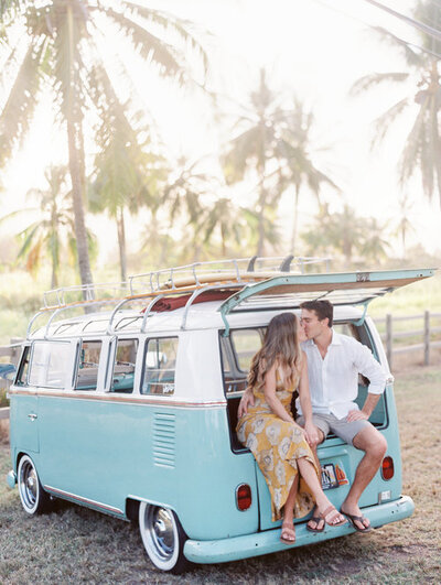Adventure session photoshoot with palm trees and VW bus  in Oahu, Hawaii