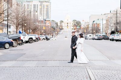 Walking Couple in front of Montgomery AL Capitol Building | Montgomery AL Wedding Photographer Amanda Horne