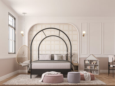 Girls bedroom with black arched bed