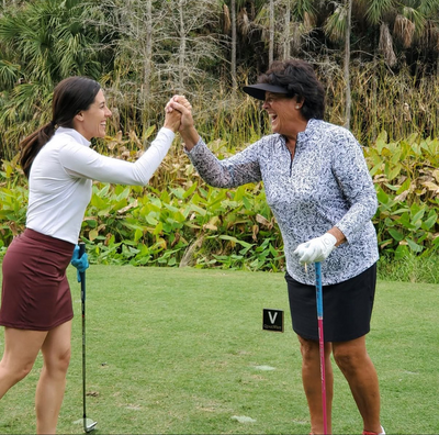 Renee O’Higgins, PGA and LPGA golf instructor playing golf with Nancy Lopez LPGA Tour at Quail West in Naples, Florida.