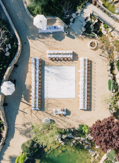 overhead drone view of luxury wedding reception