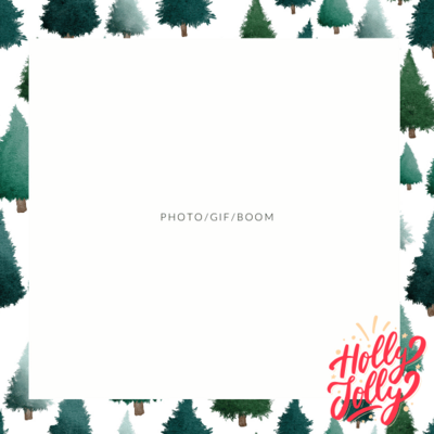Green forest-themed square template with trees and “Hello Winter” detail in the bottom right.