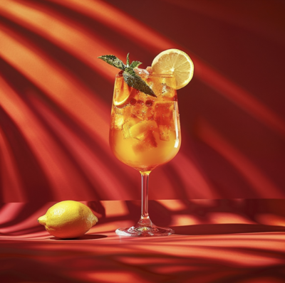 cocktail glass with citrus fruits on a red backdrop