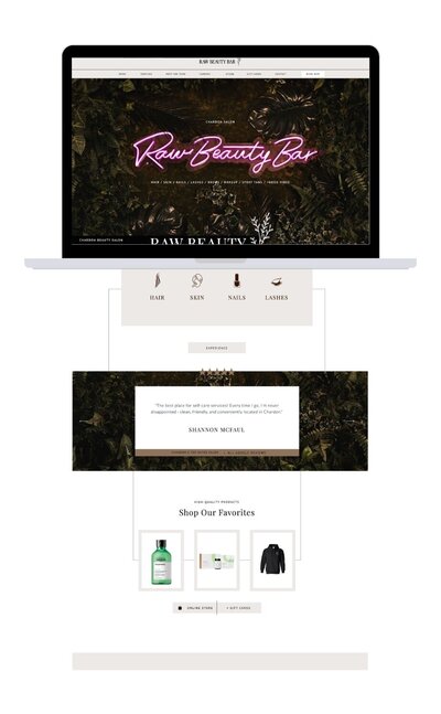 Mock-up of Raw Beauty Bar's website on a computer, highlighting a modern and inviting design for a beauty salon.