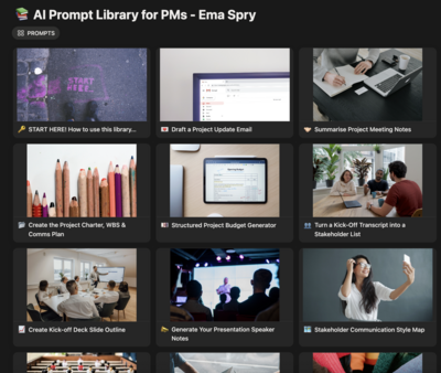 Cover image for a 2025 Notion 50 AI Prompt Library: A free Notion template for project managers with 50 tried and tested prompts along with tempaltes to capture, store, and reuse AI prompts. Cut admin clutter and save headspace with your own prompt vault.