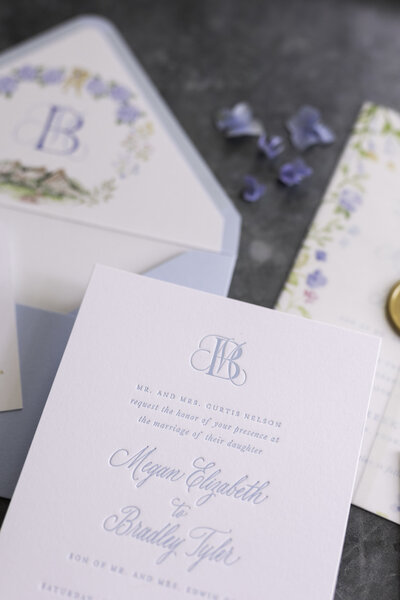 Gold ink custom calligraphy invitation and envelope for wedding