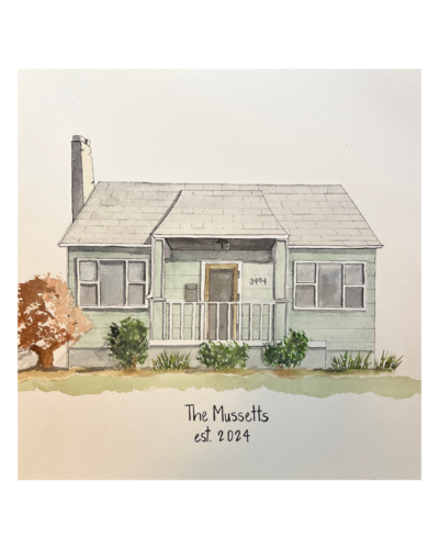 A watercolor painting of the front of a house and the words The Mussetts est. 2024.