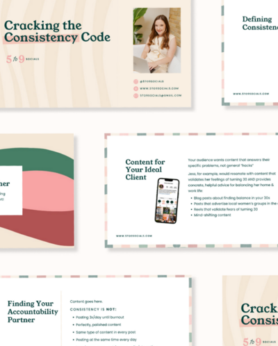 Presentation slide designs for social media manager in pink, tan, and green