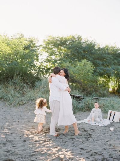 Seattle family photos at foggy river captured on film.