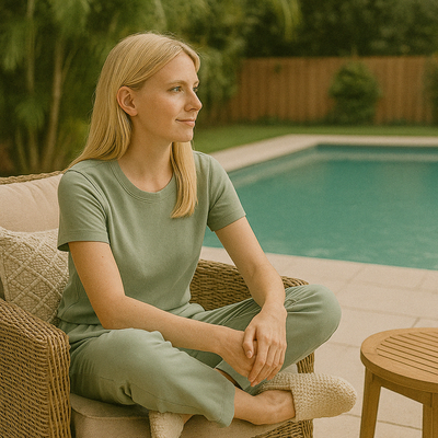 Blonde woman in sage lounge set and slippers sits by her pool and softly smiles while relaxing.