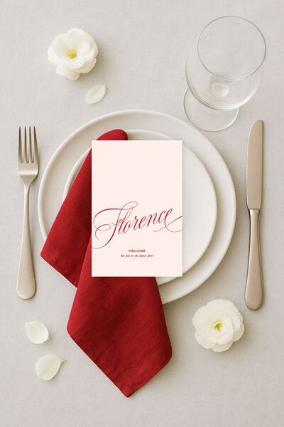 Hand drawn style printed customised cocktail napkin in red with sketched martini glass