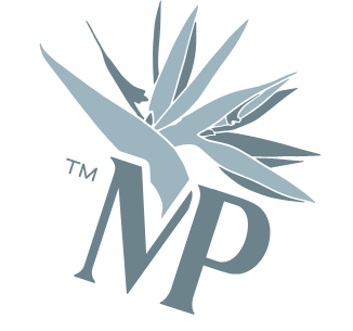 A brand mark with the letters 'M''P' next to one another in blue with a blue bird of paradise flower coming out of the top.