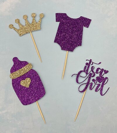 Cupcake toppers for girl baby shower crown, purple glitter, it's a girl
