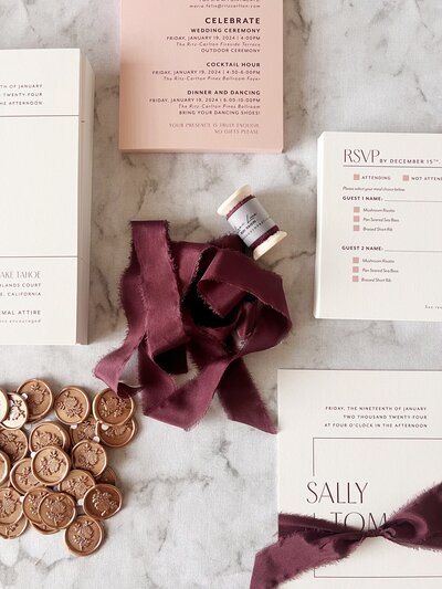 moody color palette wedding invites silk ribbon and wax seals