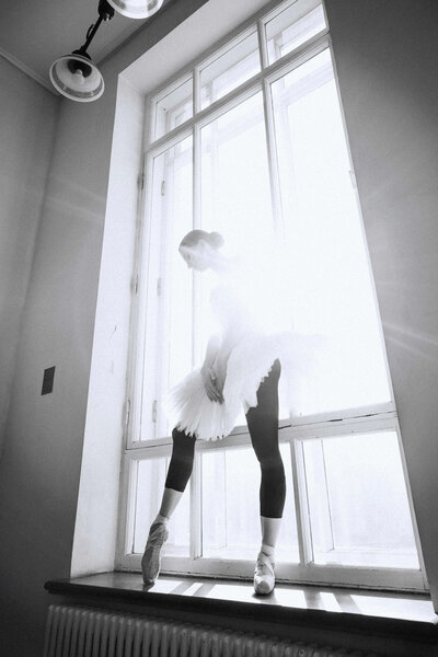 A ballerina in a white tutu stands en pointe on a windowsill with sunlight streaming through a large window behind her, capturing the grace and elegance Sweet Pea Ink Creative brings to every brand design.