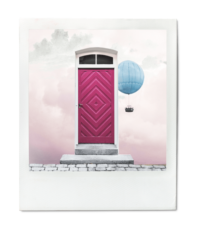 magical pink door blue hot air balloon