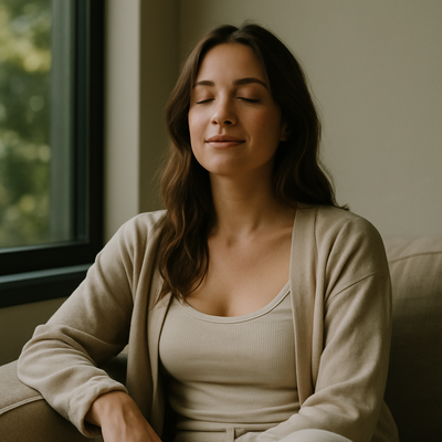 A confident woman sits peacefully near a window, eyes closed and smiling, in natural light—capturing the essence of self-love and visibility through online dating photography.